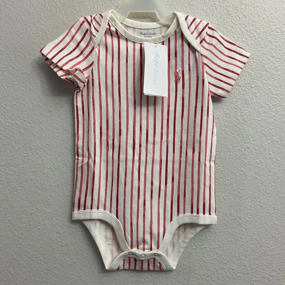 Ralph Lauren Baby 24M Red White Striped Cotton Jersey Bodysuit NEW Painterly